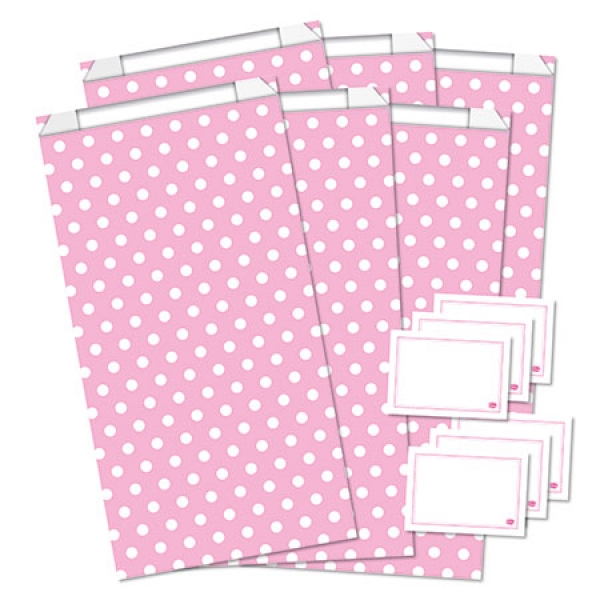 Papiertüten Dots rosa/weiß  6er Set inkl. Aufkleber